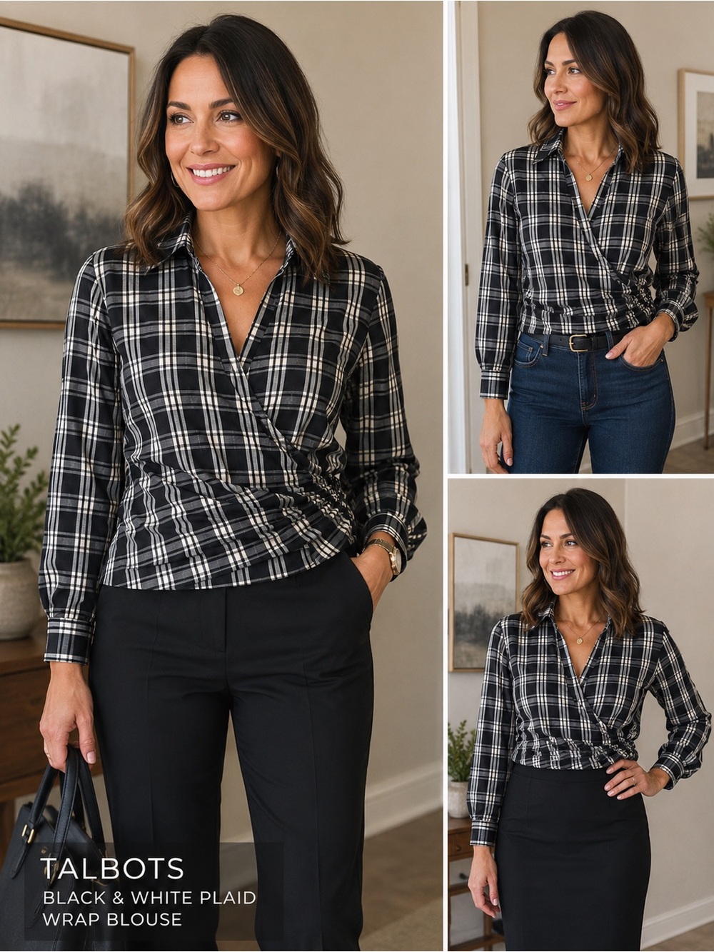 Talbots Black White Plaid Faux Wrap Ruched Blouse Size 14